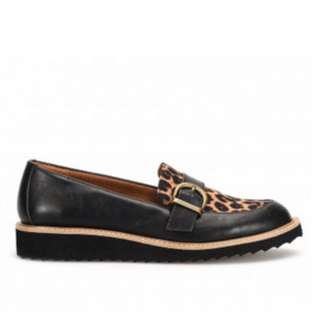 EUROSOFT Black/Animal Print Leather Buckle Loafers